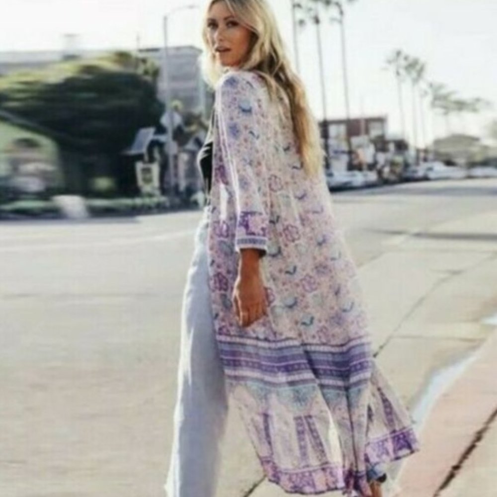Bohemian Lilac Floral Kimono Maxi Duster Top